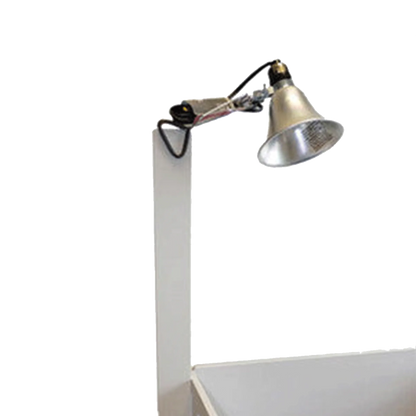 MagnaBox Light Stand,"Silver clamp light mounted on white stand"