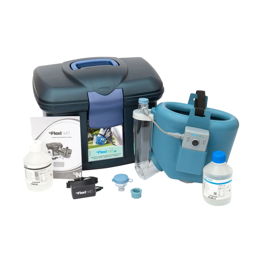 Flexineb® E3 Portable Equine Nebulizer Complete System with 2 Standard Med Cups,"Blue nebulizer set with case, bottles, charger, and manual"