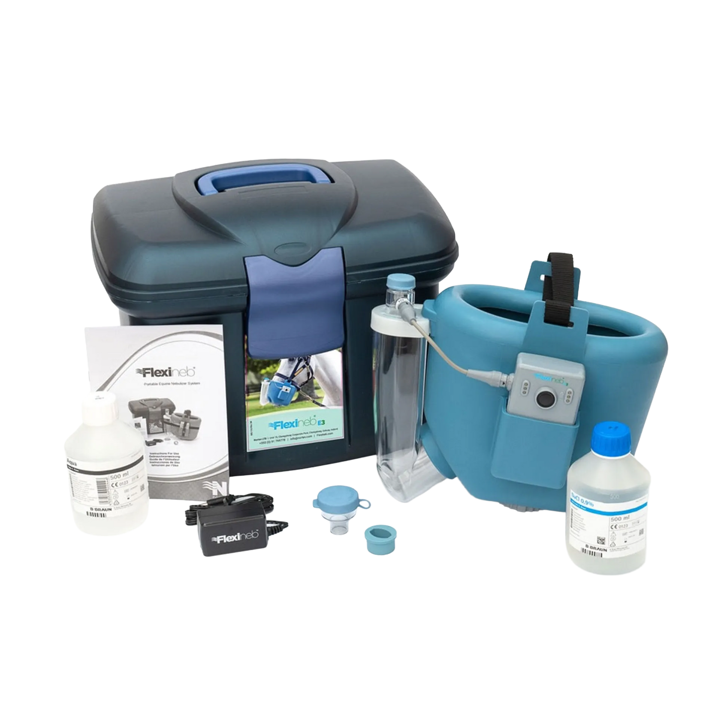 Flexineb® E3 Portable Equine Nebulizer Complete System with 2 Standard Med Cups,"Blue nebulizer set with case, bottles, charger, and manual"