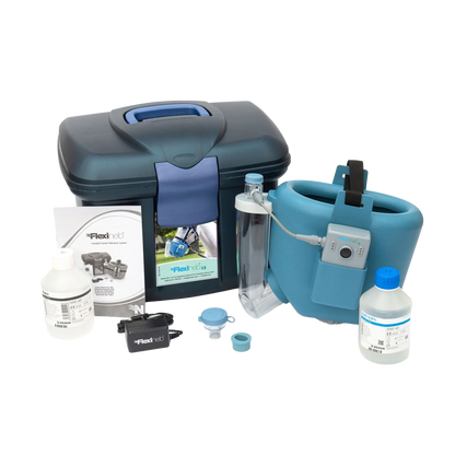 Flexineb® E3 Portable Equine Nebulizer Complete System with 2 Standard Med Cups,"Blue nebulizer set with case, bottles, charger, and manual"