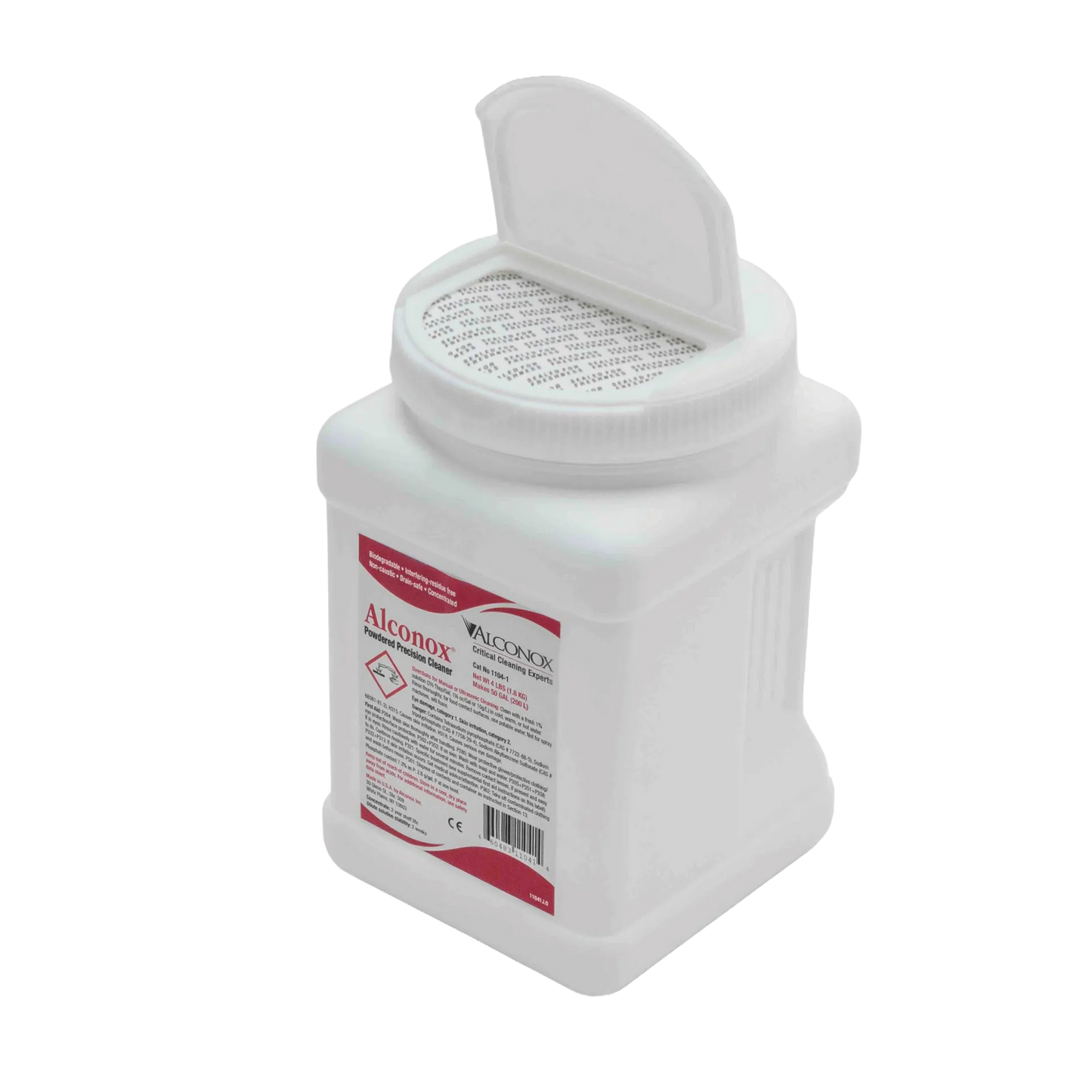 Alconox Detergent,"White detergent container with open flip-top cap"