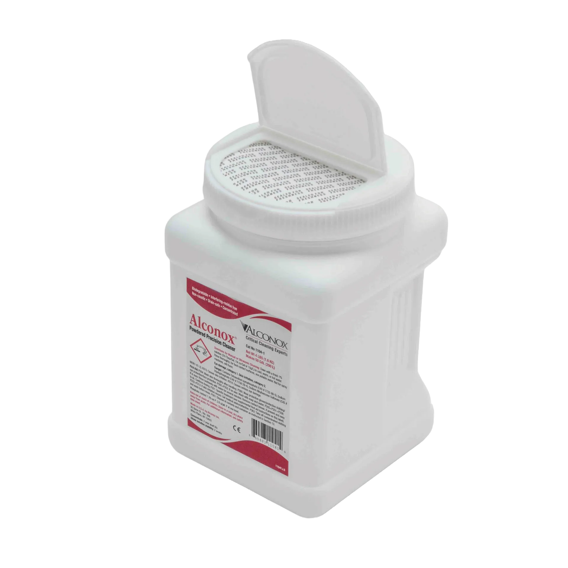 Alconox Detergent,"White detergent container with open flip-top cap"