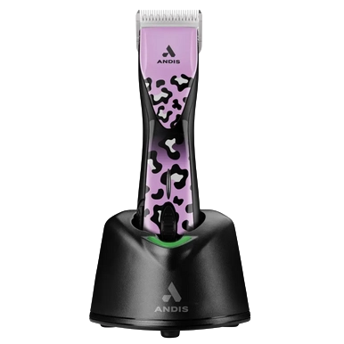 Pulse ZR II Wild Limited Edition Clipper by Andis,"Pink and black patterned clipper on charging stand"