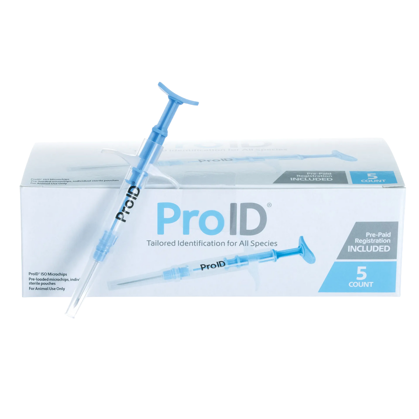 ProID® ISO Microchips,"Blue microchip syringe in front of product box"