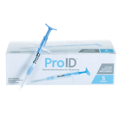 ProID® ISO Microchips,"Blue microchip syringe in front of product box"