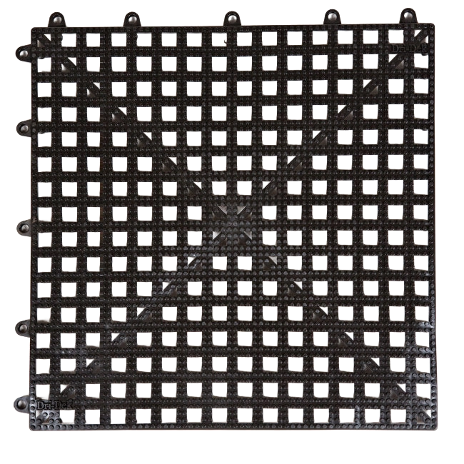 Dri-Dek® Flooring,"Black interlocking floor tile with square grid pattern"