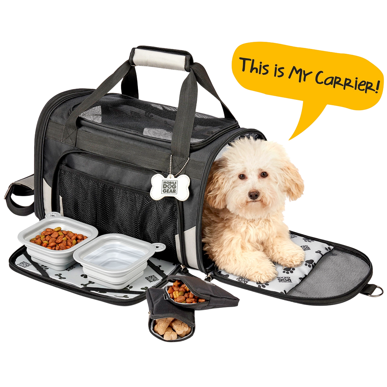 Mobile Dog Gear Pet Carrier Plus,"Black soft pet carrier with dog, bowls, and treat pouch"