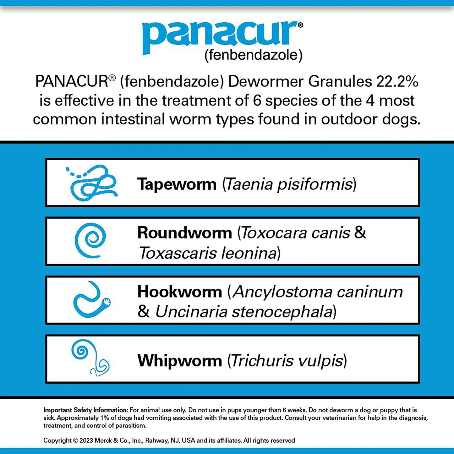 Panacur® C Canine Dewormer,"Product information panel with worm type illustrations"