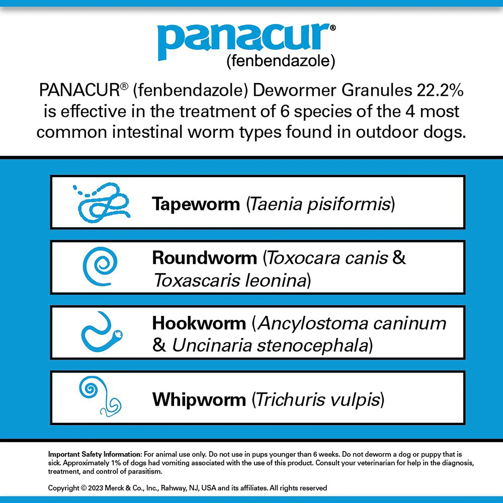 Panacur® C Canine Dewormer,"Product information panel with worm type illustrations"