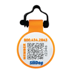BuddyID® BuddyBadge® Silicone Collar Tag,"Round orange and white collar tag with black strap"