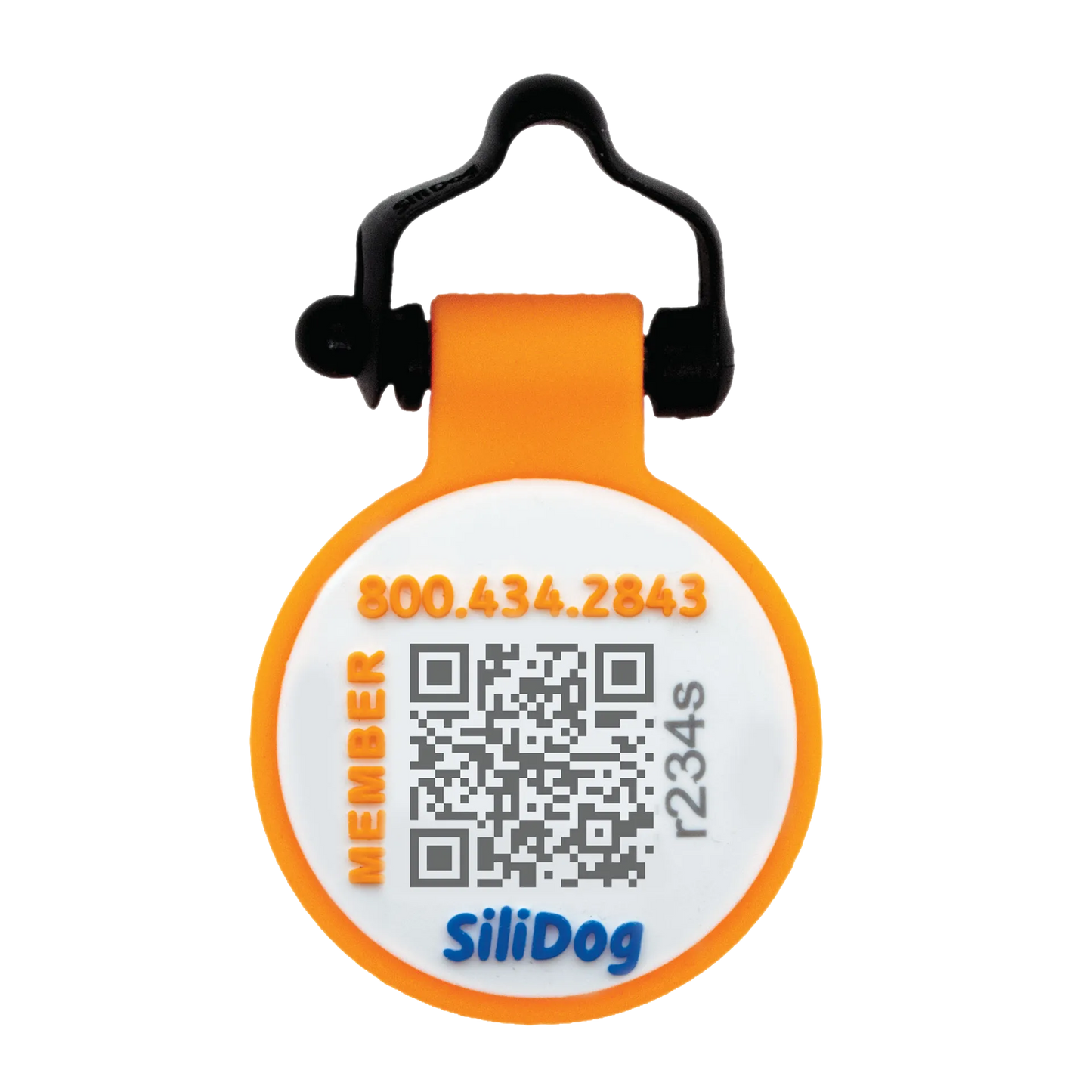 BuddyID® BuddyBadge® Silicone Collar Tag,"Round orange and white collar tag with black strap"