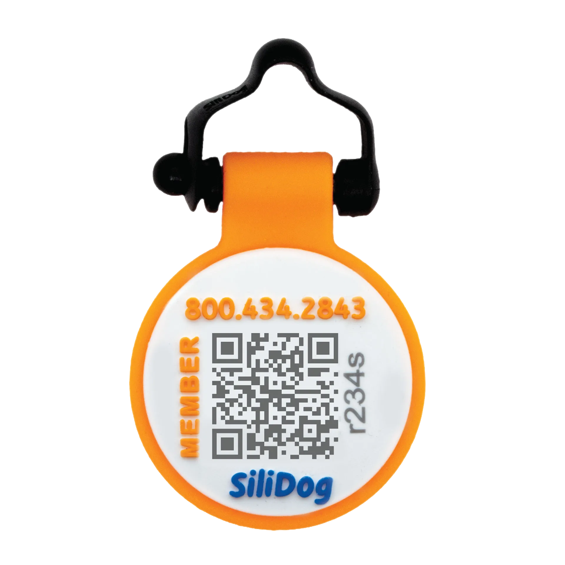 BuddyID® BuddyBadge® Silicone Collar Tag,"Round orange and white collar tag with black strap"