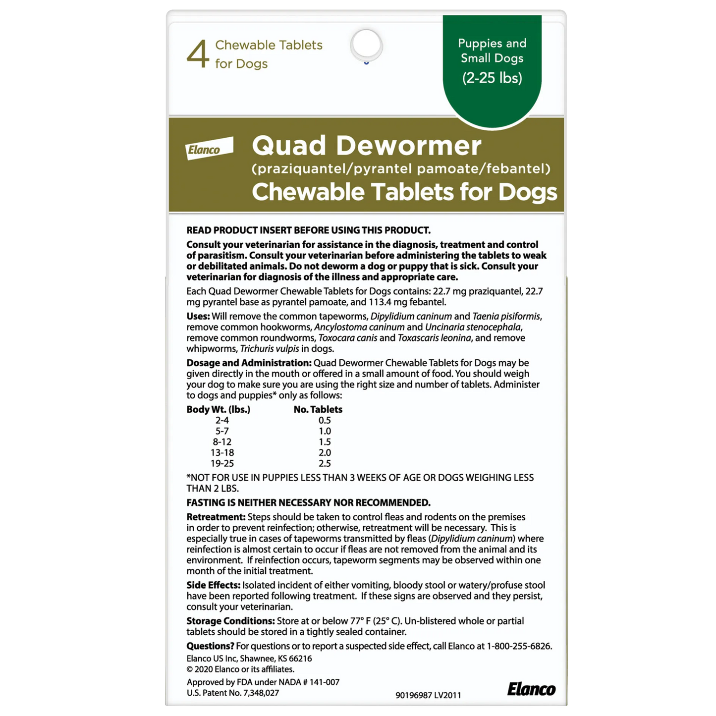 Quad Dewormer,"Back of package with dosage chart and folded product insert"