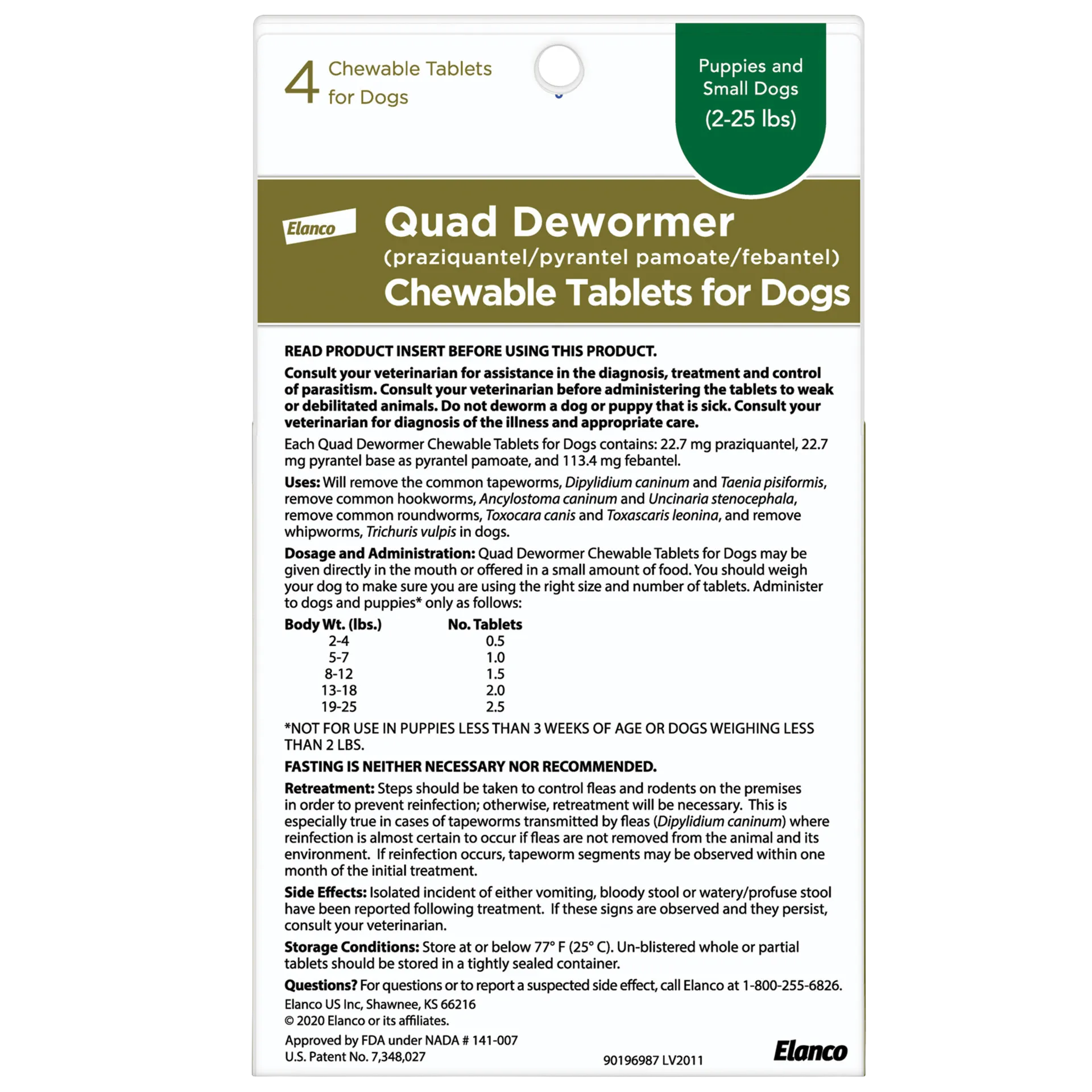 Quad Dewormer,"Back of package with dosage chart and folded product insert"