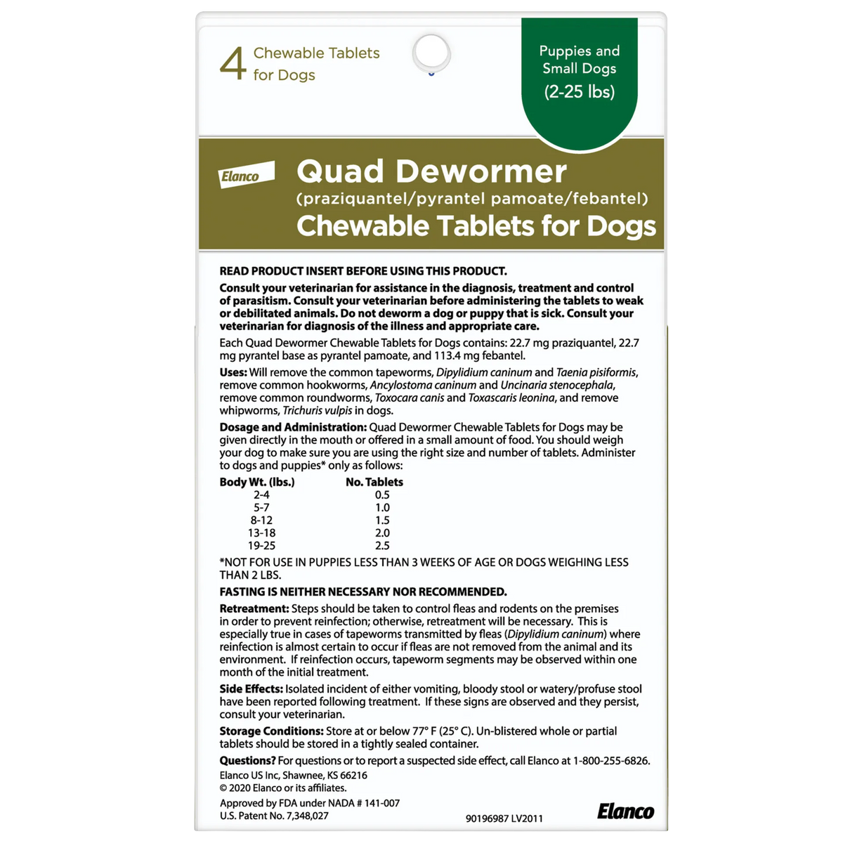 Quad Dewormer,"Back of package with dosage chart and folded product insert"