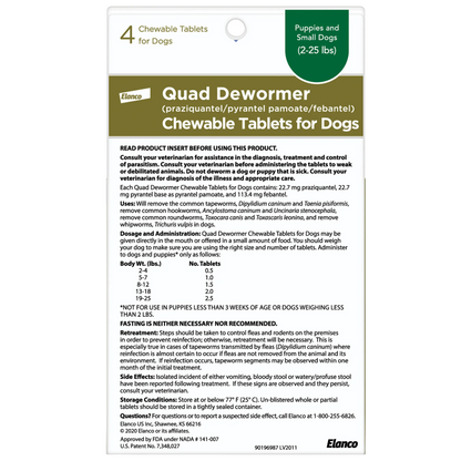 Quad Dewormer,"Back of package with dosage chart and folded product insert"