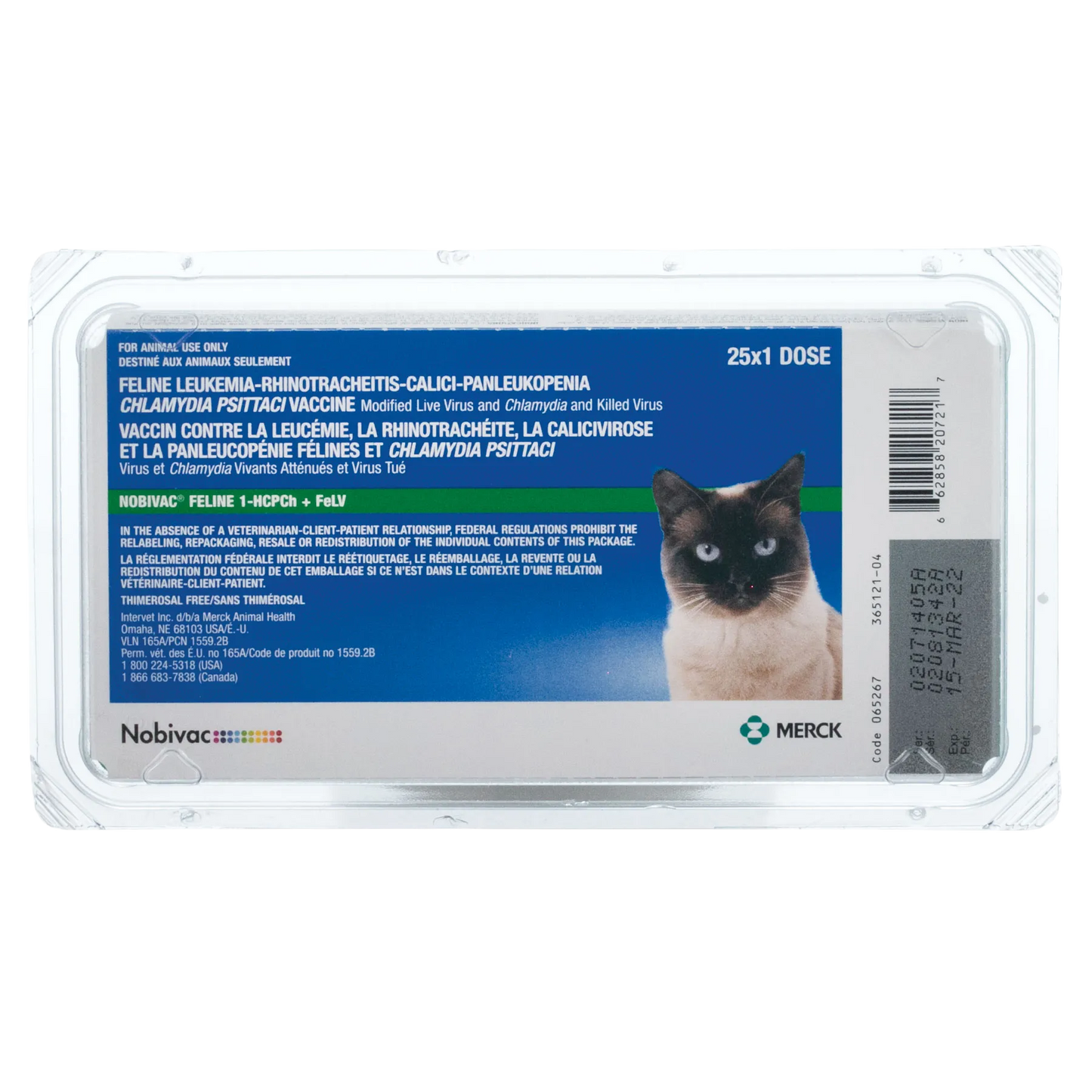 Nobivac® Feline 1-HCPCh+FeLV,"Front package view in clear blister pack with cat image"