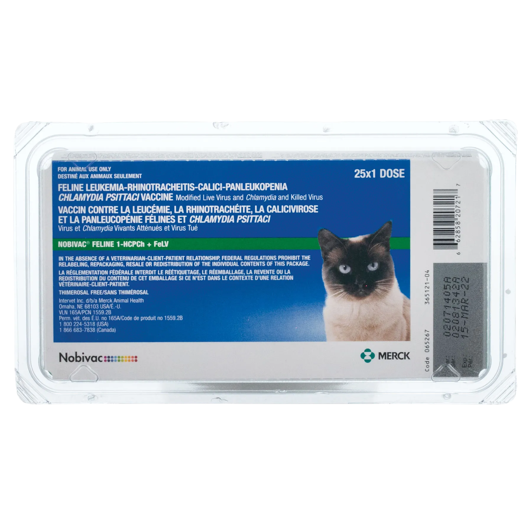 Nobivac® Feline 1-HCPCh+FeLV,"Front package view in clear blister pack with cat image"