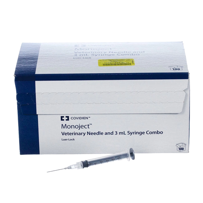 3cc MonoJect™ Syringes with 20 gauge Needles,"Box with syringe and needle combo, one syringe in front"