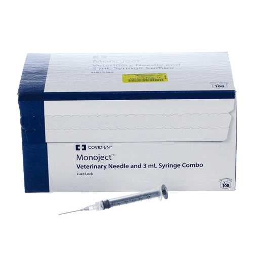 3cc MonoJect™ Syringes with 20 gauge Needles,"Box with syringe and needle combo, one syringe in front"