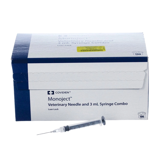 3cc MonoJect™ Syringes with 20 gauge Needles,"Box with syringe and needle combo, one syringe in front"