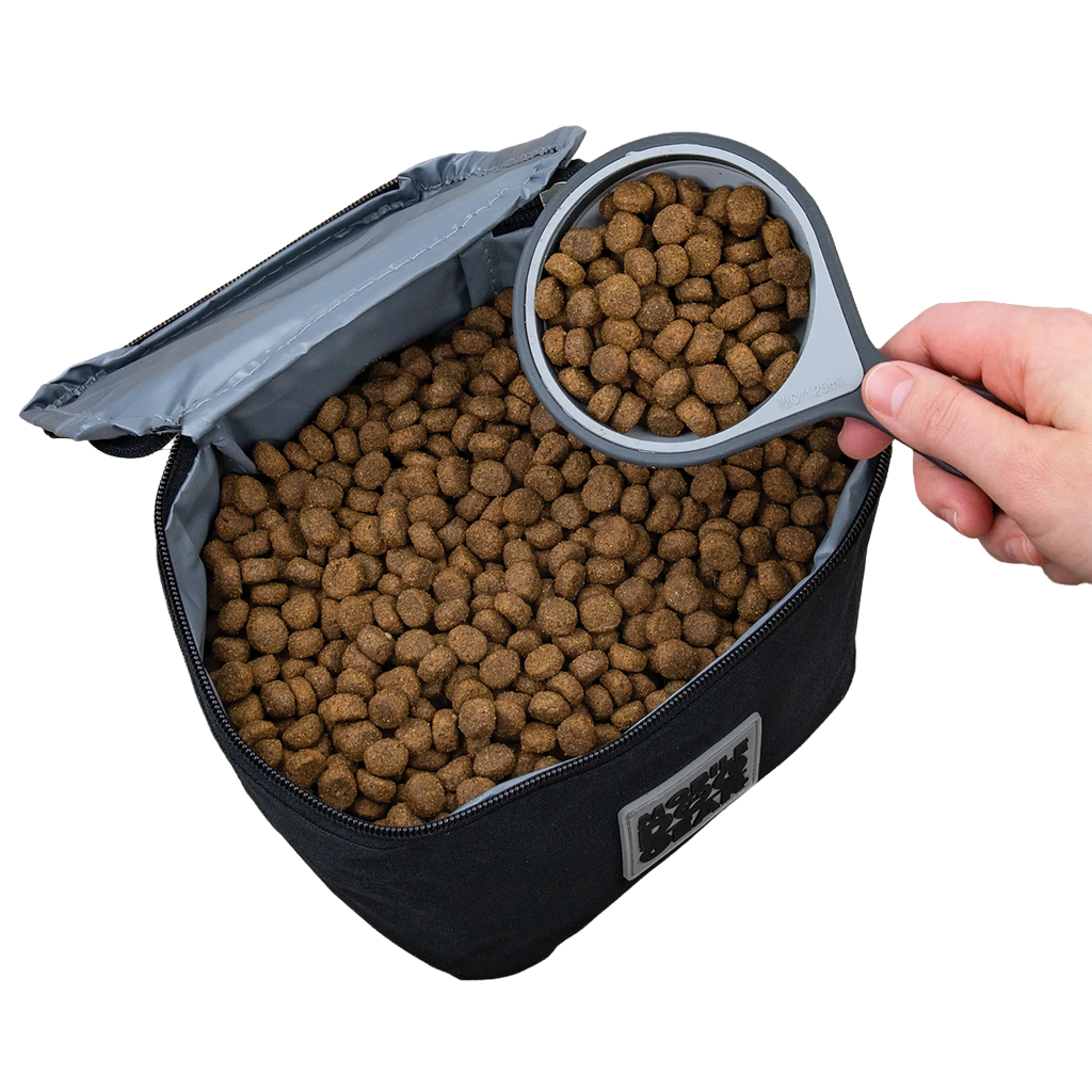 Replacement Insulated Dog Food Carriers,"Open insulated carrier filled with kibble and scoop"