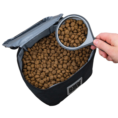 Replacement Insulated Dog Food Carriers,"Open insulated carrier filled with kibble and scoop"