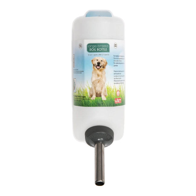 Lixit® Dog Waterer,"White hanging water bottle with metal drinking tube"