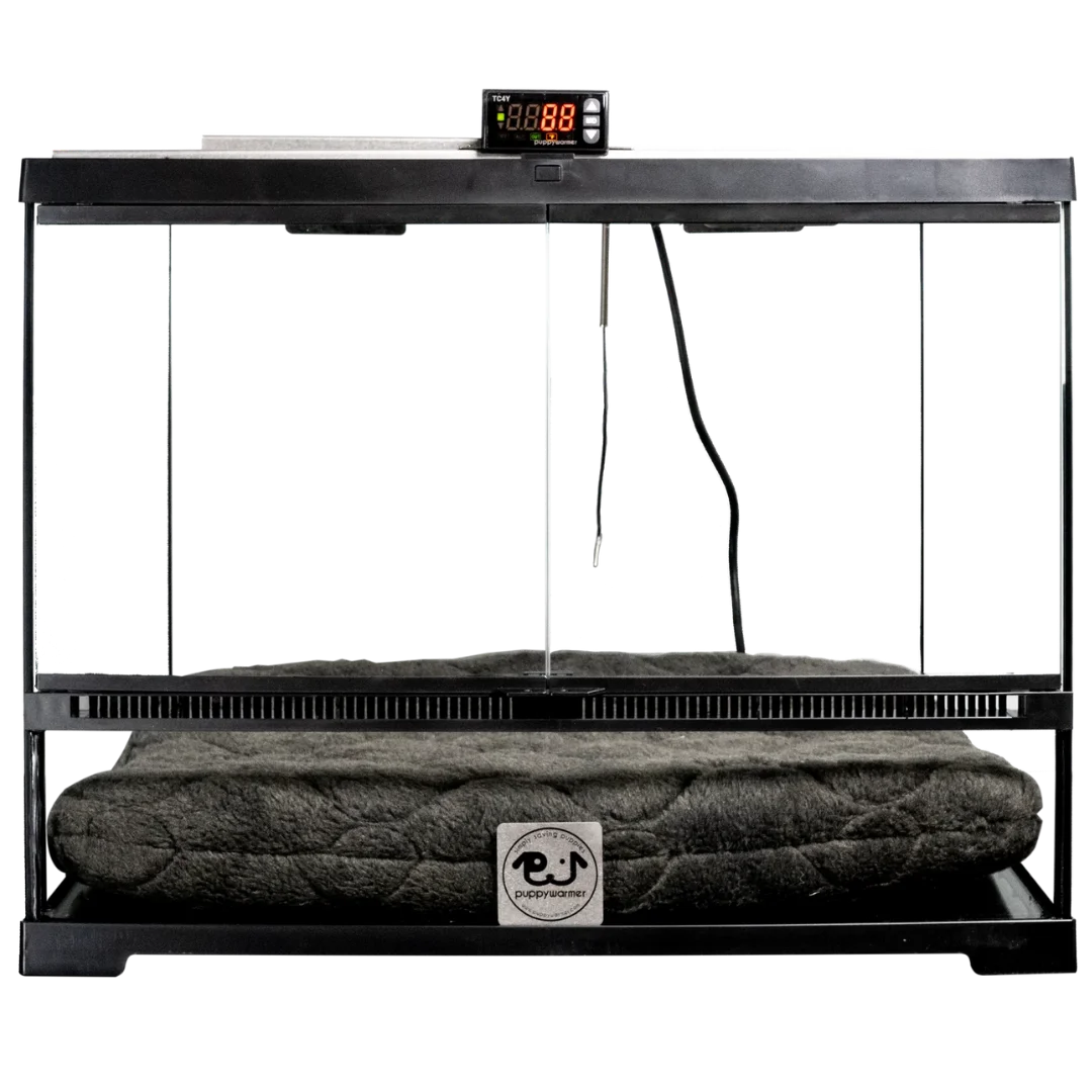 Puppywarmer Bundles,"Glass enclosure with digital controller and gray warming pad"