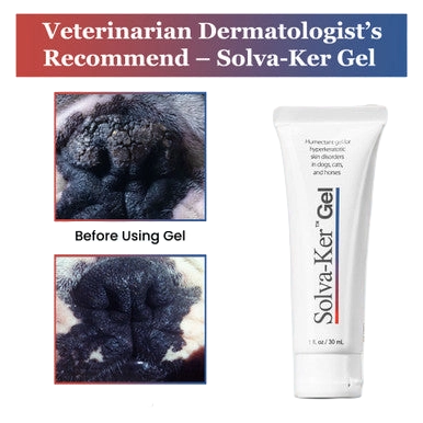 Solva-Ker™ Gel,"White tube beside before-use paw close-up images"