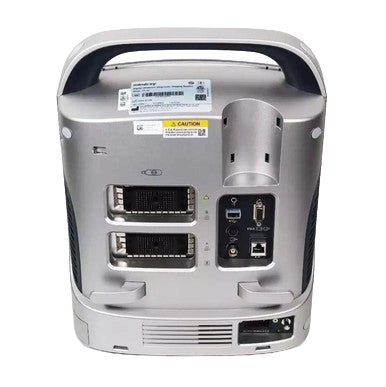 Equisound DP30 Portable Equine Ultrasound,"Rear view of portable ultrasound unit with handle and ports"