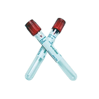 Vacutainer w/No Additive Red Top,"Two clear blood collection tubes with red caps crossed"