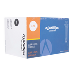 Small Syringes without Needles,"Blue and white 3cc syringe box, angled view"