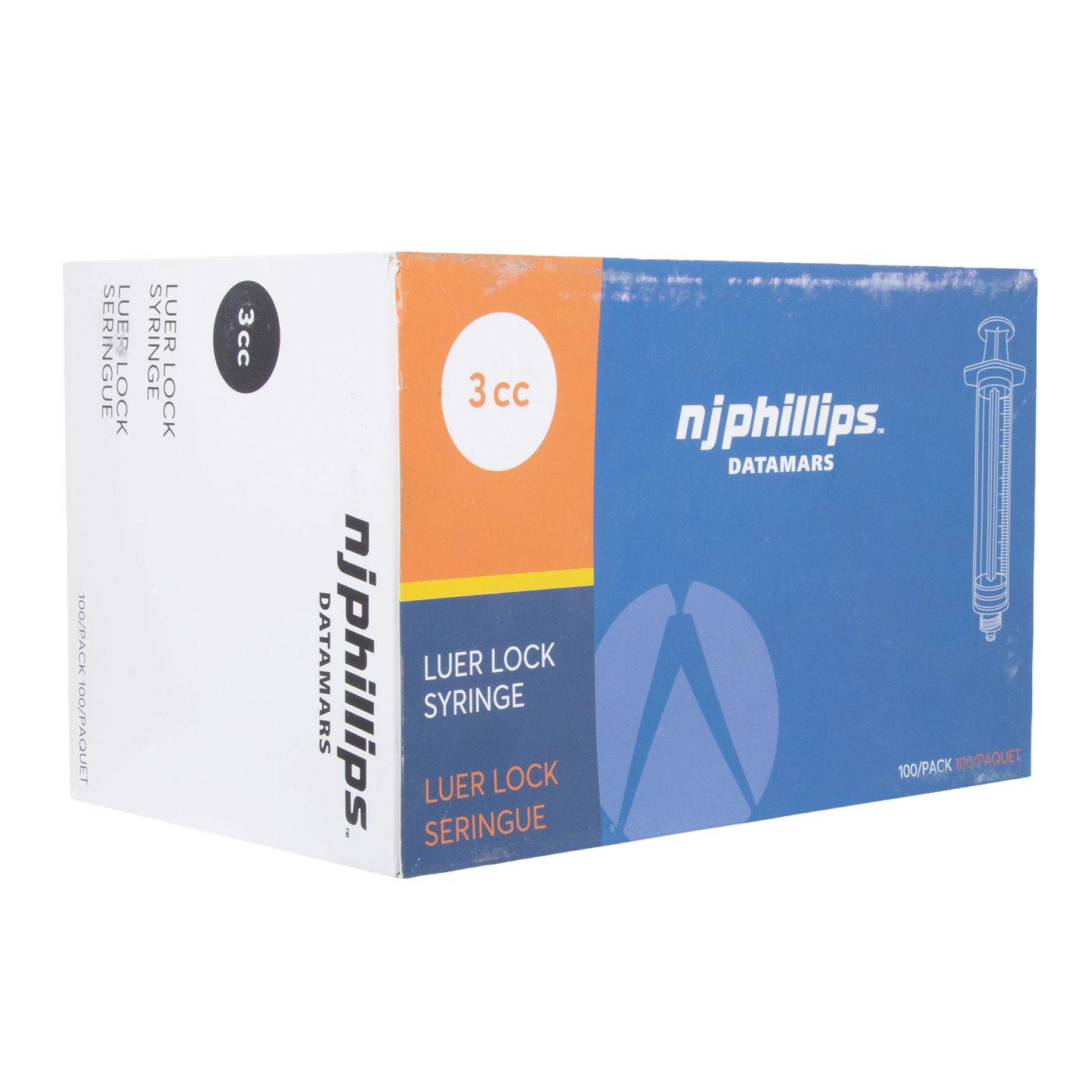Small Syringes without Needles,"Blue and white 3cc syringe box, angled view"