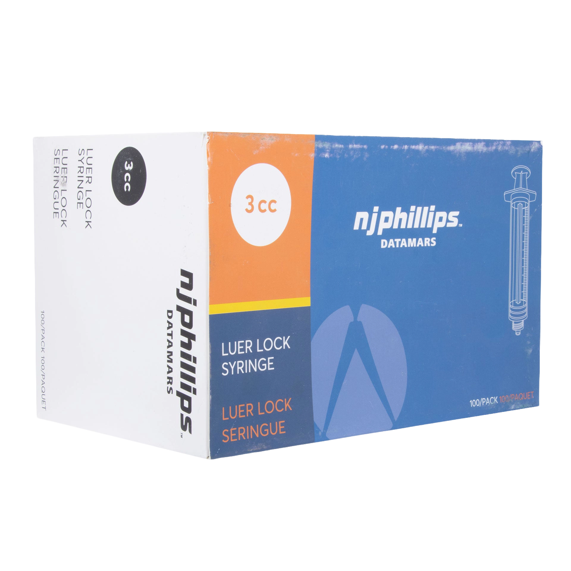 Small Syringes without Needles,"Blue and white 3cc syringe box, angled view"