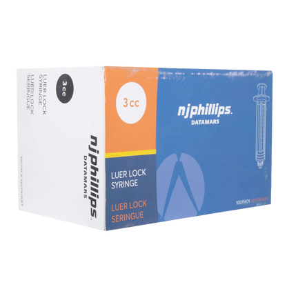 Small Syringes without Needles,"Blue and white 3cc syringe box, angled view"