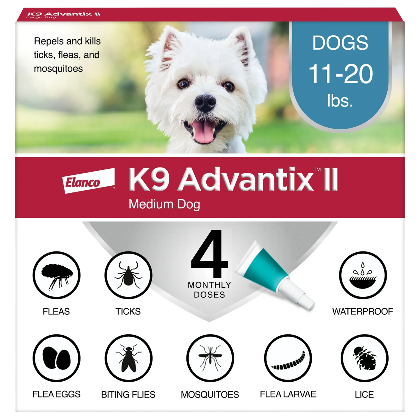 K9 Advantix™ II,"Front of box with white dog and applicator tube"
