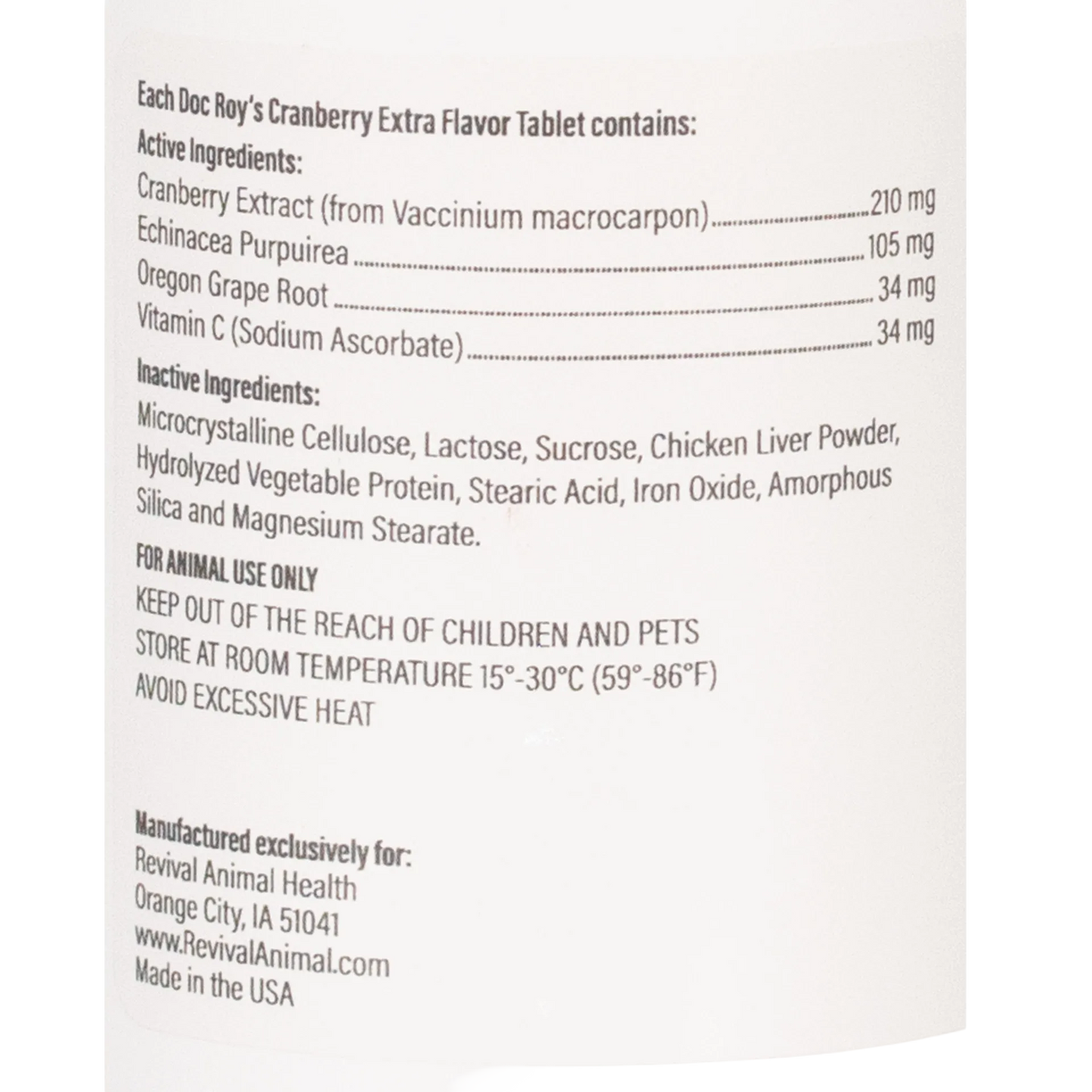 Doc Roy's® Cranberry Extra™,"Close-up of supplement bottle ingredients panel label"