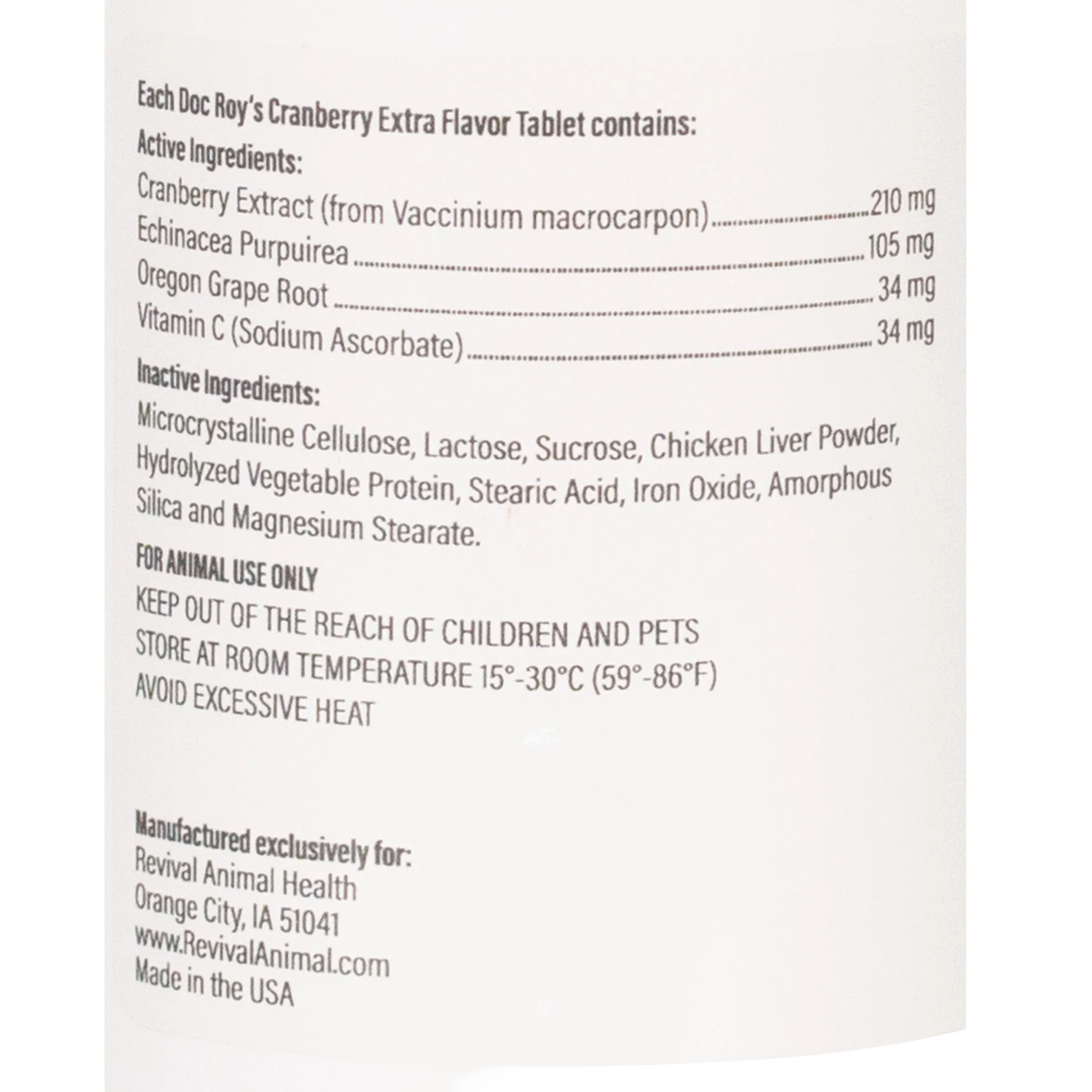Doc Roy's® Cranberry Extra™,"Close-up of supplement bottle ingredients panel label"