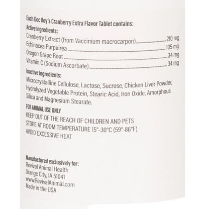 Doc Roy's® Cranberry Extra™,"Close-up of supplement bottle ingredients panel label"