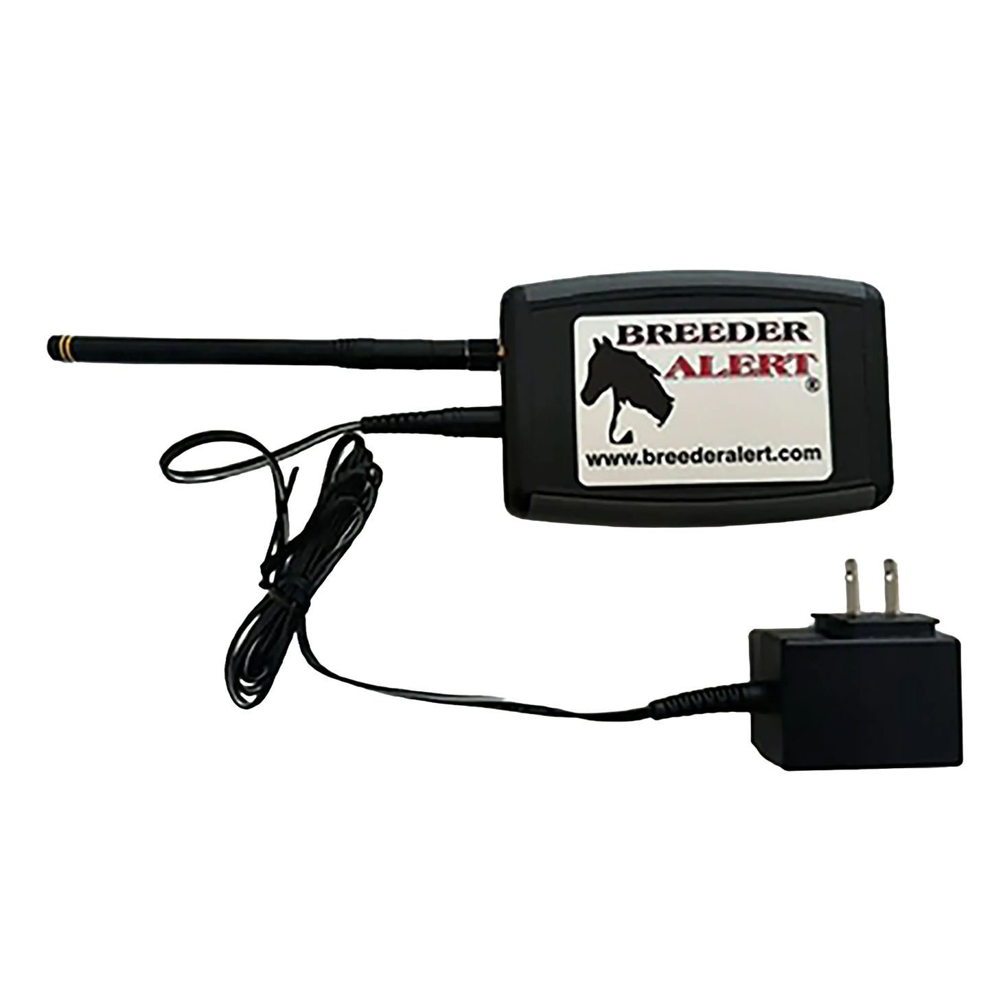 Breeder Alert Telephone Dialer System,"Black dialer unit with antenna, cable, and plug-in power adapter"