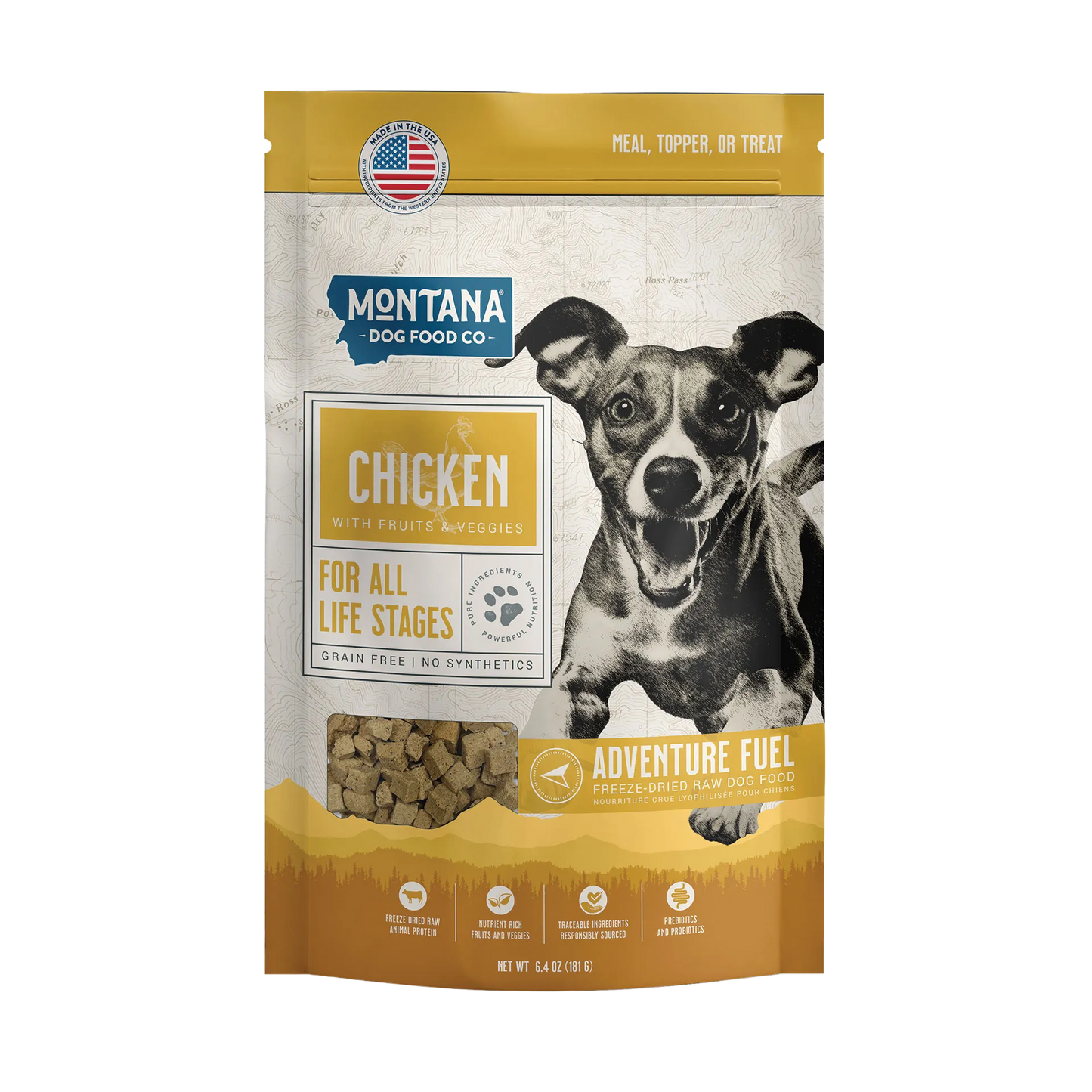 Adventure Fuel: Freeze-Dried Raw Dog Food,"Dog food pouch with dog photo and clear kibble window"