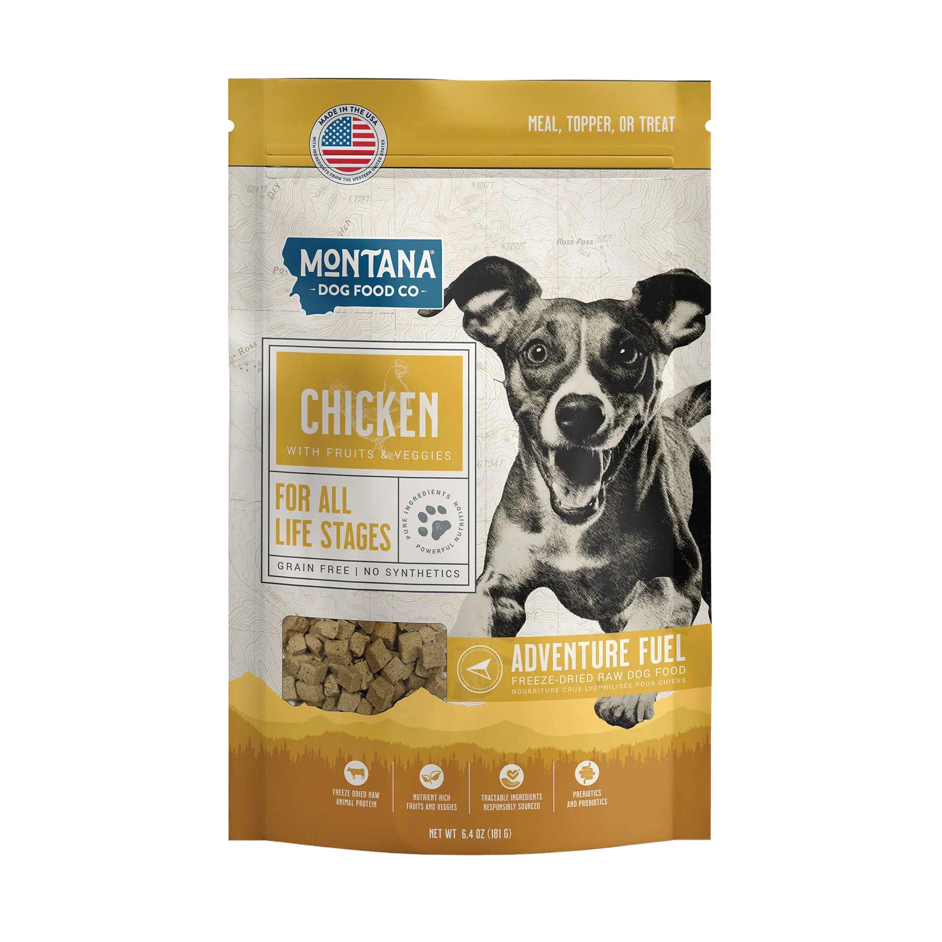 Adventure Fuel: Freeze-Dried Raw Dog Food,"Dog food pouch with dog photo and clear kibble window"