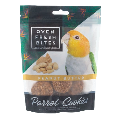 Caitec Oven Fresh Bites Parrot Cookies,"Stand-up treat pouch with parrot image and round cookies visible"