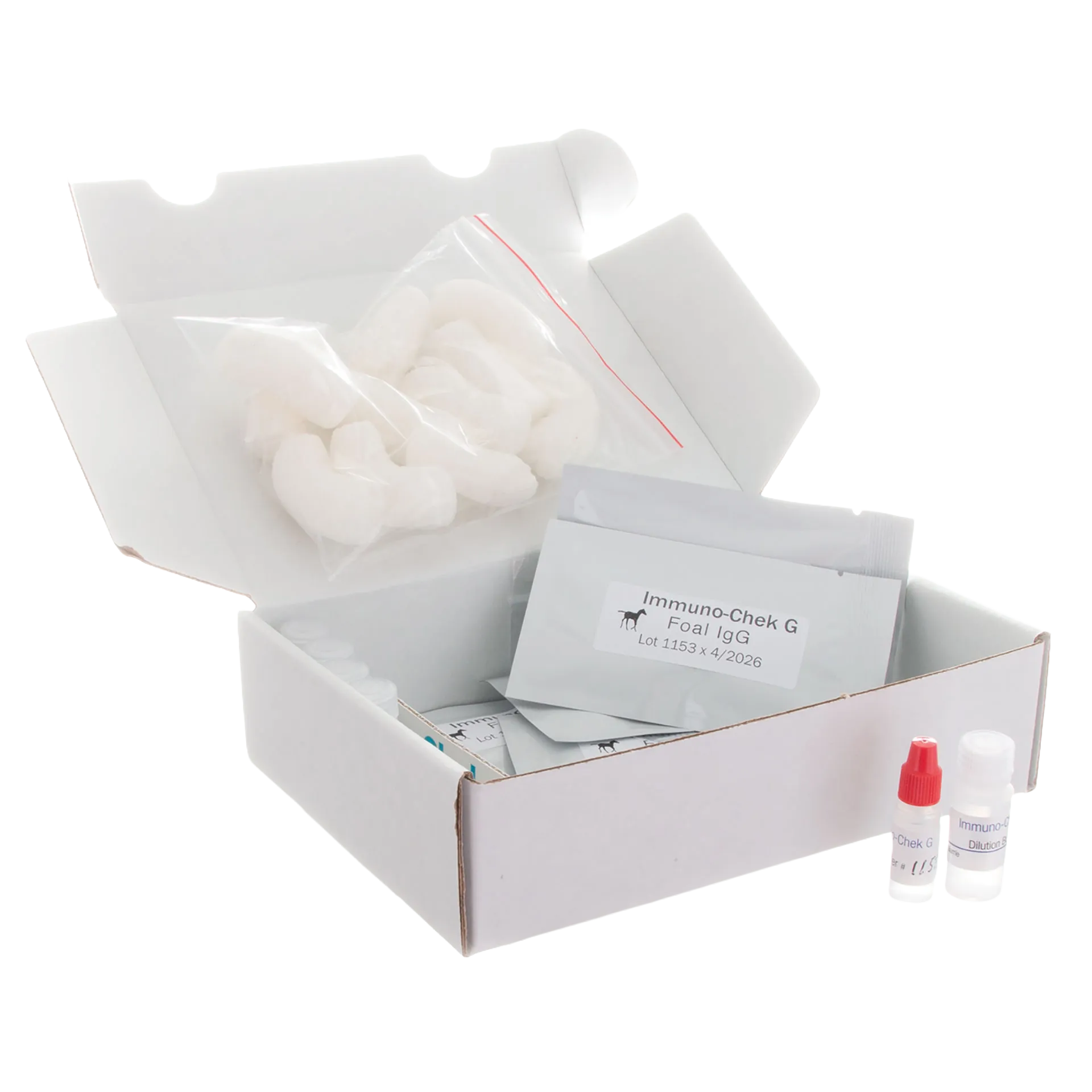IgG Immunocheck,"Open test kit box with packets, cotton swabs, and two small vials"