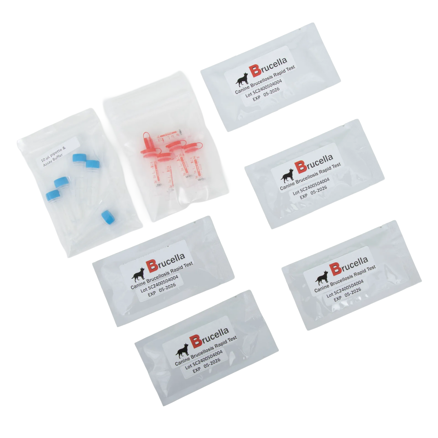 Brucellosis Rapid Test,"Test kit pouches with buffer vials and red sample droppers"
