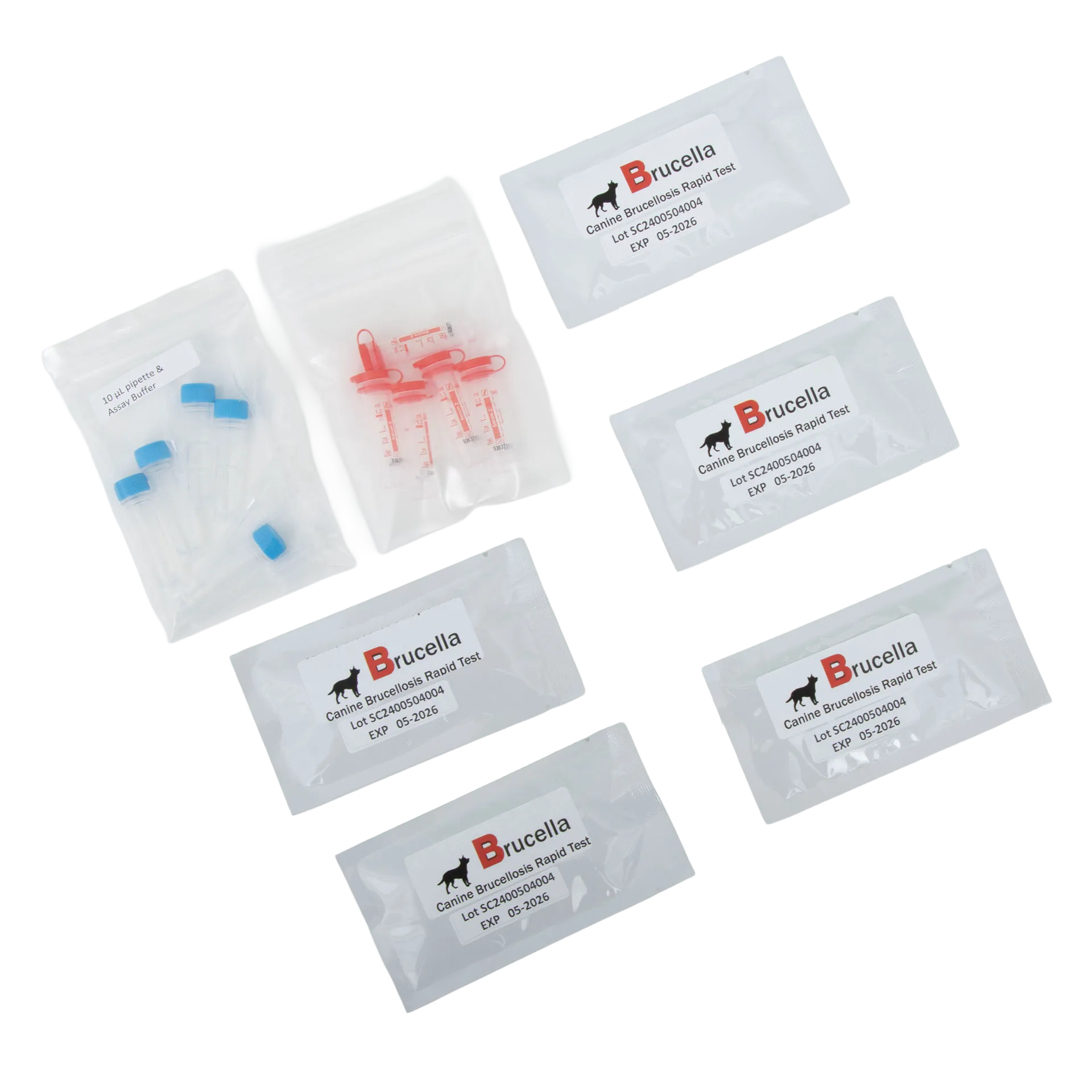 Brucellosis Rapid Test,"Test kit pouches with buffer vials and red sample droppers"