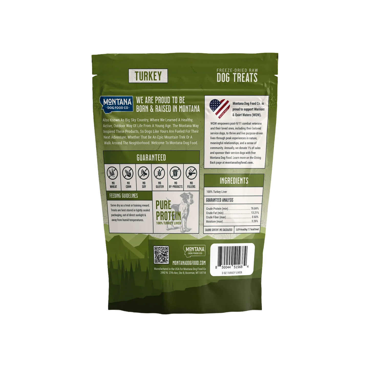 Trail Snacks: Freeze-Dried Raw Dog Treats,"Back view of green treat pouch with barcode and product details"
