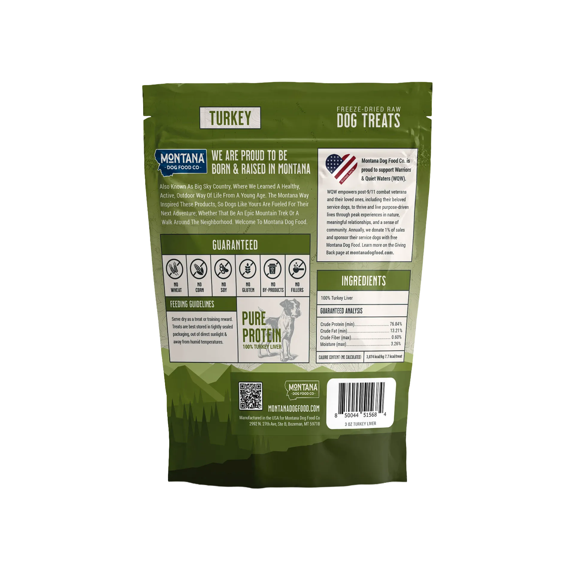 Trail Snacks: Freeze-Dried Raw Dog Treats,"Back view of green treat pouch with barcode and product details"