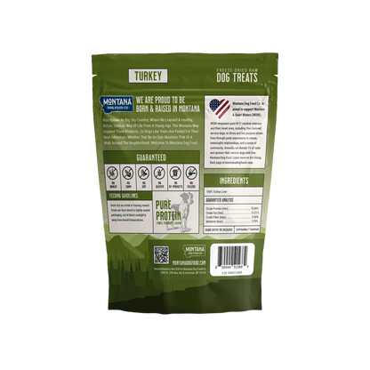 Trail Snacks: Freeze-Dried Raw Dog Treats,"Back view of green treat pouch with barcode and product details"